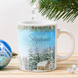 Winter Cabin In the Woods Personalized Christmas Coffee Mug