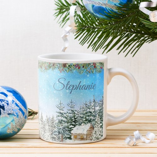Winter Cabin In the Woods Personalized Christmas Coffee Mug