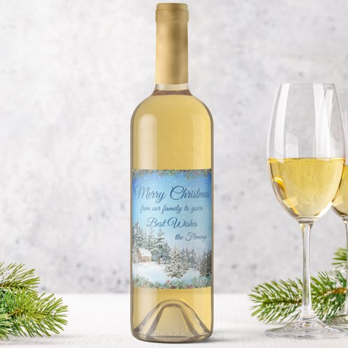 Winter Cabin in Woods Personalized Christmas Wine Label
