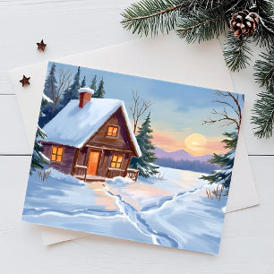 Winter Cabin Mountain Snow Watercolor Holiday Card