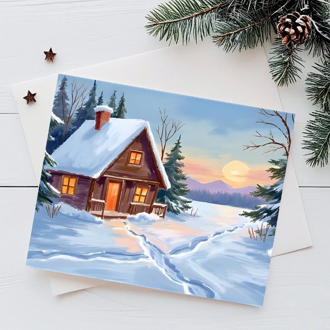 Winter Cabin Mountain Snow Watercolor Holiday Card (Creator Uploaded)