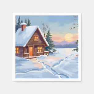 Winter Cabin Mountain Snow Watercolor Napkins