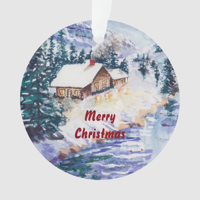 Winter Cabin on the River Painterly Snowscape Ornament (Front)
