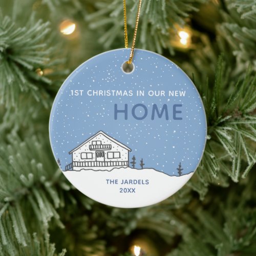 Winter Cabin Personalized 1st Christmas New Home Ceramic Ornament