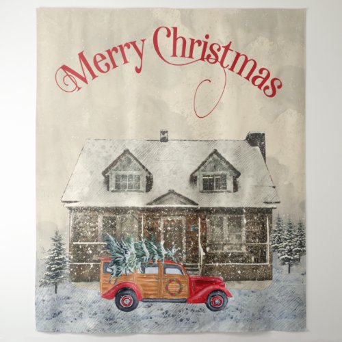 Winter Cabin Red Truck Christmas Tapestry
