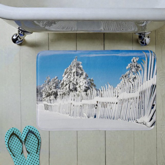 Winter Cabin Rusty Snowy Ski Fence Trees Photo Bathroom Mat (Snow ski fence in winter scene bath mat. )