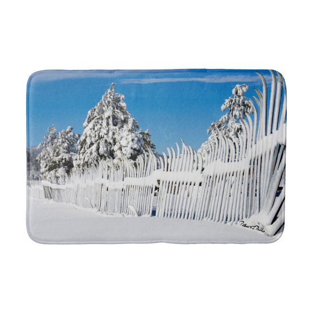 Winter Cabin Rusty Snowy Ski Fence Trees Photo Bathroom Mat (Front)