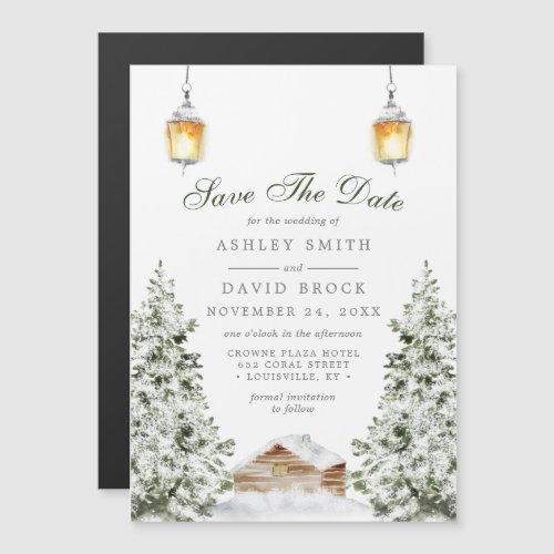 Winter Cabin Save The Date Magnet | Rustic Snow