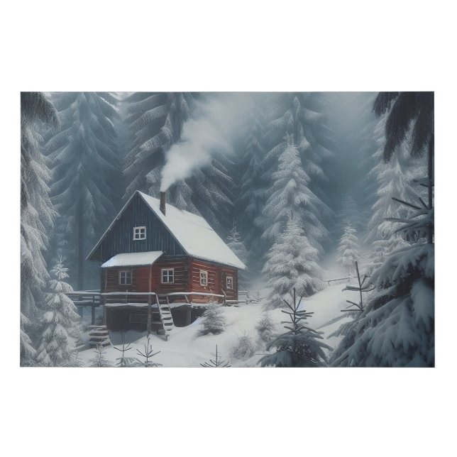 Winter Cabin Scene with Snow & Pine Trees Faux Canvas Print (Front)