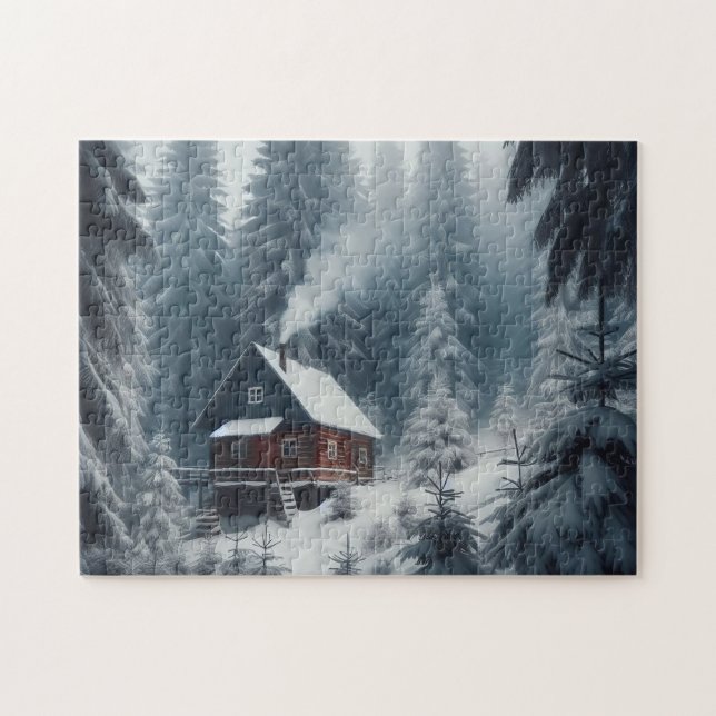 Winter Cabin Scene with Snow & Pine Trees Jigsaw Puzzle (Horizontal)