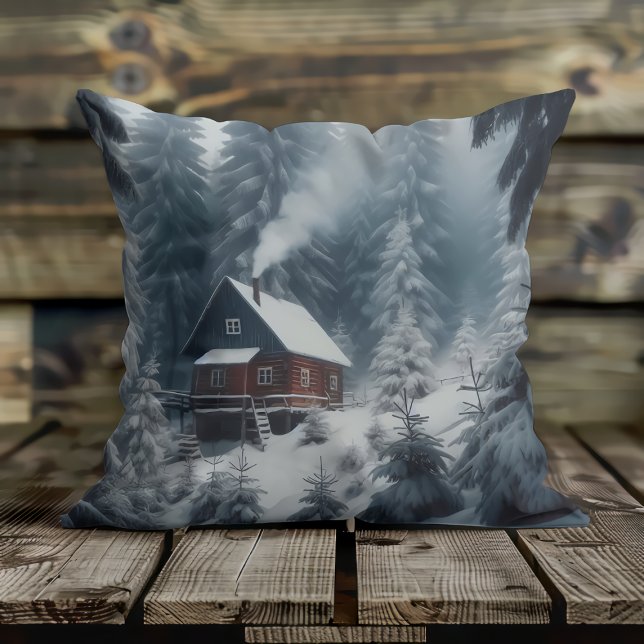 Winter Cabin Scene with Snow & Pine Trees Throw Pillow (Creator Uploaded)
