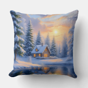 Winter Cabin Snowy Sunset Landscape Pillow