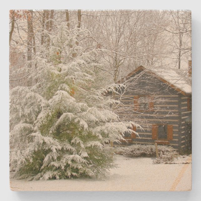 Winter Cabin Stone Coaster (Front)