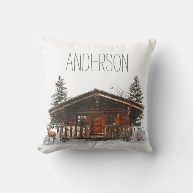 Winter Cabin with Name Throw Pillow (Front)