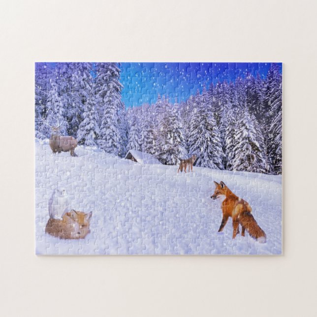 Winter Cabin With Wildlife Friends Jigsaw Puzzle (Horizontal)