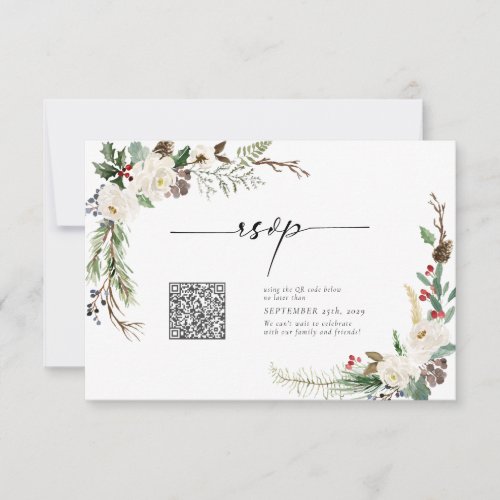Winter Calligraphy Botanicals QR Code Wedding RSVP Invitation