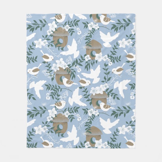 winter calm cozy blanket in light blue ,with birds (Front)