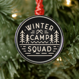 Winter camp camping trip mountains retro metal ornament