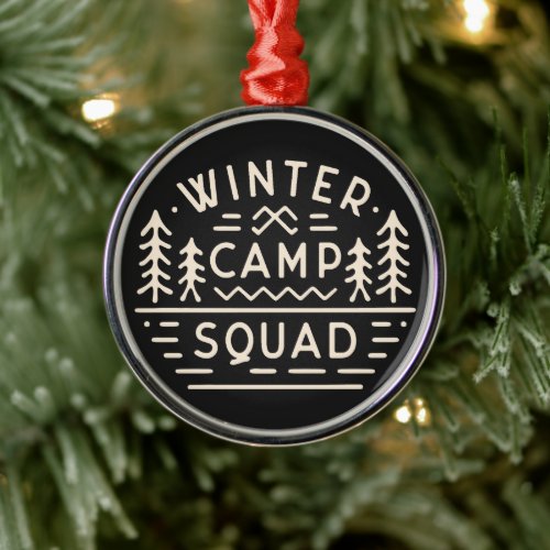 Winter camp camping trip mountains retro metal ornament