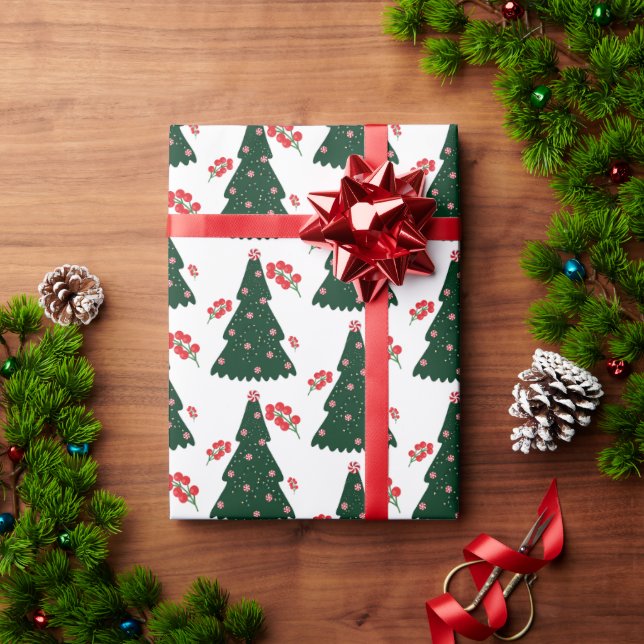 Winter Candy Cane Holly Berry White Christmas Tree Wrapping Paper (Holiday Gift)