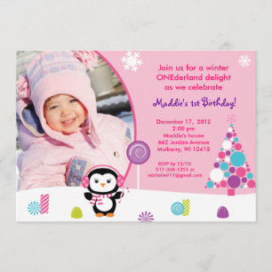Winter Candy Penguin Birthday Invitations