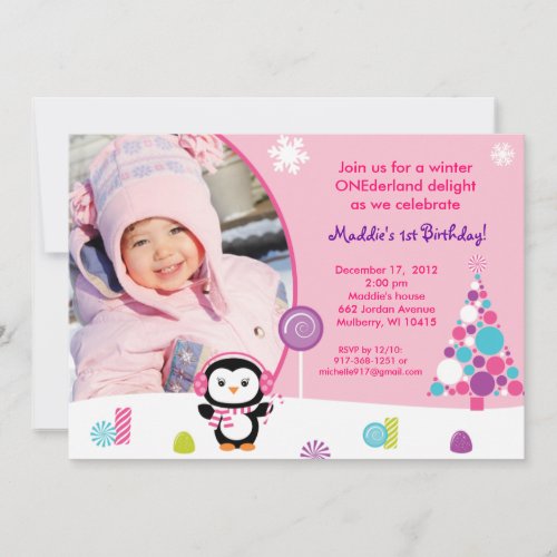 Winter Candy Penguin Birthday Invitations