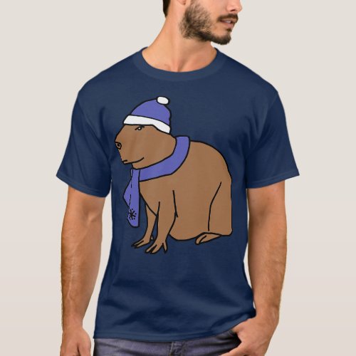 Winter Capybara Wearing Blue Hat and Scarf T_Shirt