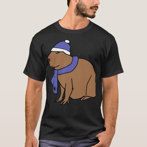 Winter Capybara Wearing Blue Hat and Scarf T_Shirt