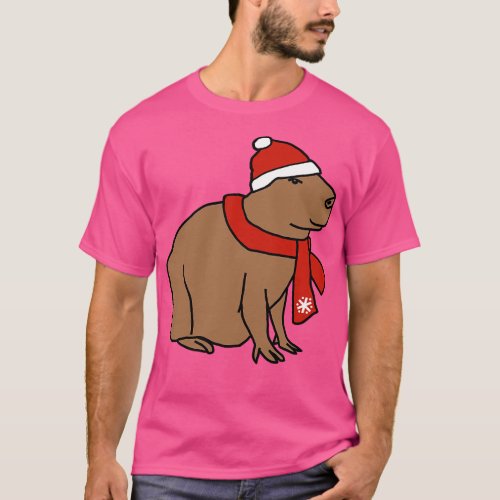 Winter Capybara Wearing Red Hat and Scarf T_Shirt