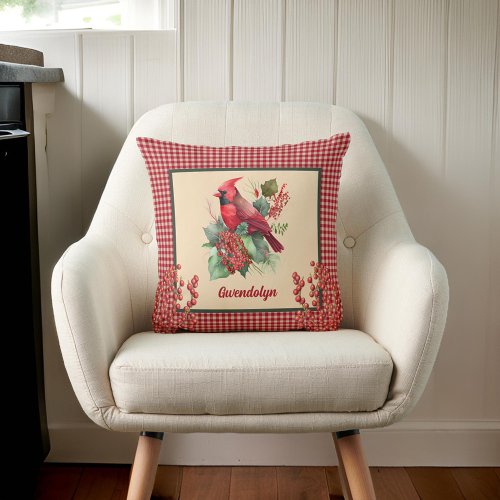 Winter Cardinal and Berries with Gingham Monogram Throw Pillow