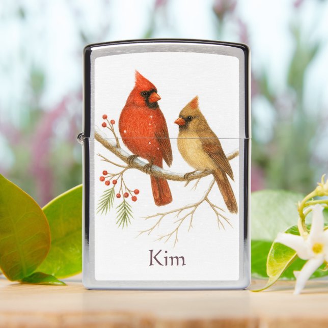 Winter Cardinal Birds Personalized  Zippo Lighter (On Table)