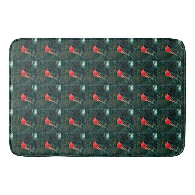 Winter Cardinal in Snowstorm - Enhanced Bath Mat (Front)