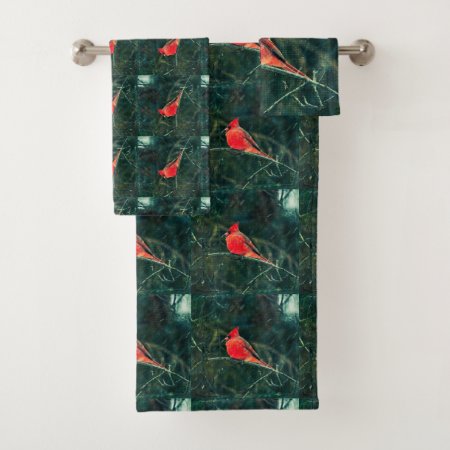 Winter Cardinal In Snowstorm - Enhanced Bath Towel Set