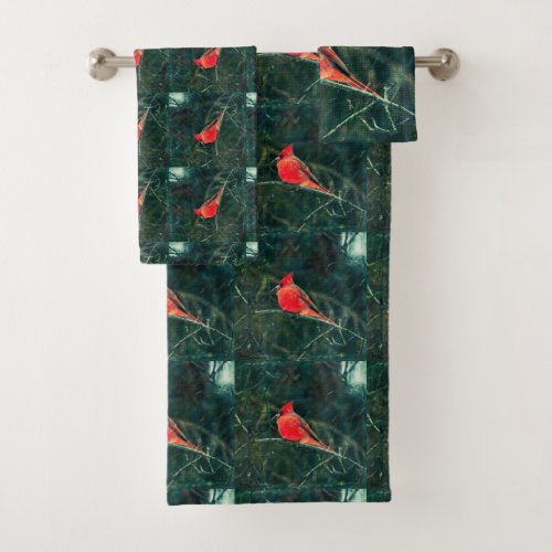 Winter Cardinal in Snowstorm _ Enhanced Bath Towel Set