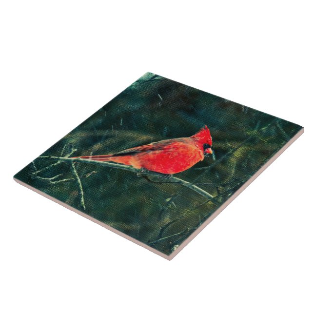 Winter Cardinal in Snowstorm - Enhanced Ceramic Tile (Side)