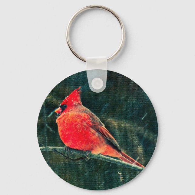 Winter Cardinal in Snowstorm - Enhanced Keychain (Front)