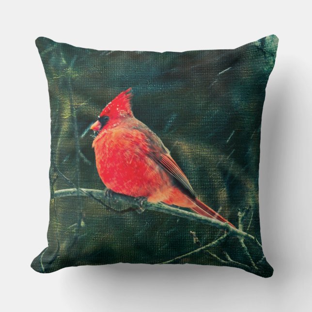 Winter Cardinal in Snowstorm - Enhanced Throw Pillow (Front)