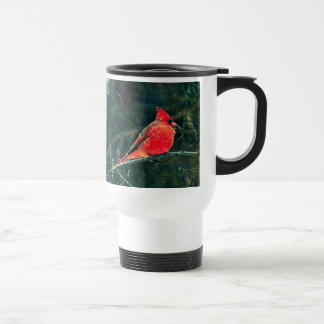 Winter Cardinal in Snowstorm - Enhanced Travel Mug (Right)
