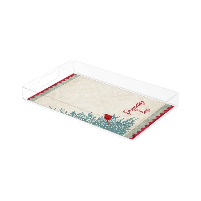 Winter cardinal in tree vintage damask  acrylic tray (Angled)