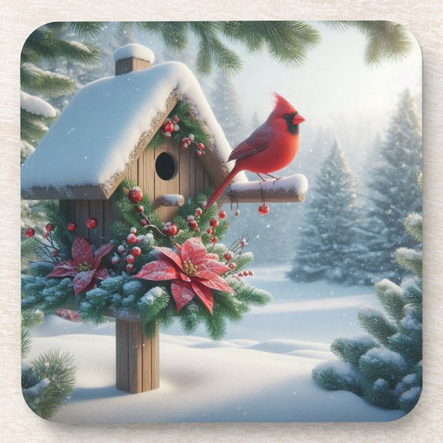Winter Cardinal on a Festive Birdhouse Beverage Coaster (Front)