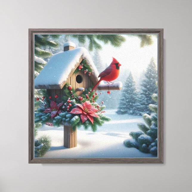Winter Cardinal on a Festive Birdhouse Canvas Print (Front)