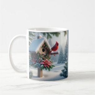 Winter Cardinal on a Festive Birdhouse Coffee Mug