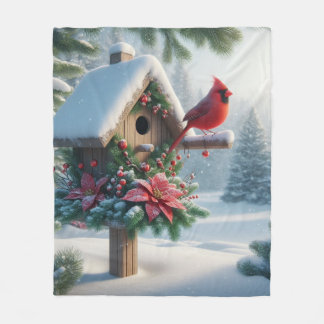 Winter Cardinal on a Festive Birdhouse Fleece Blanket