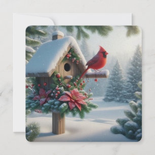 Winter Cardinal on a Festive Birdhouse Holiday Card