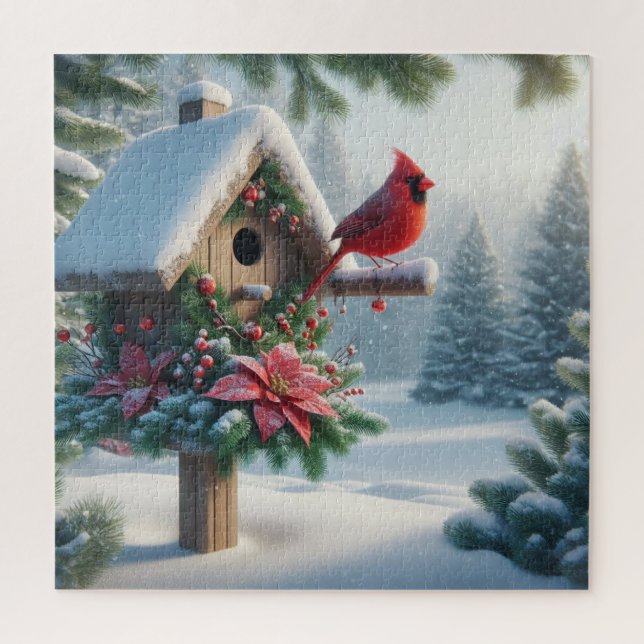 Winter Cardinal on a Festive Birdhouse Jigsaw Puzzle (Vertical)