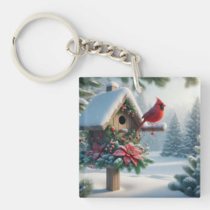 Winter Cardinal on a Festive Birdhouse Keychain