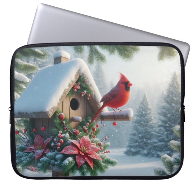 Winter Cardinal on a Festive Birdhouse Laptop Sleeve (Front)