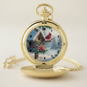 Winter Cardinal on a Festive Birdhouse Pocket Watch