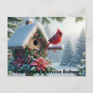 Winter Cardinal on a Festive Birdhouse Postcard
