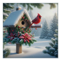 Winter Cardinal on a Festive Birdhouse